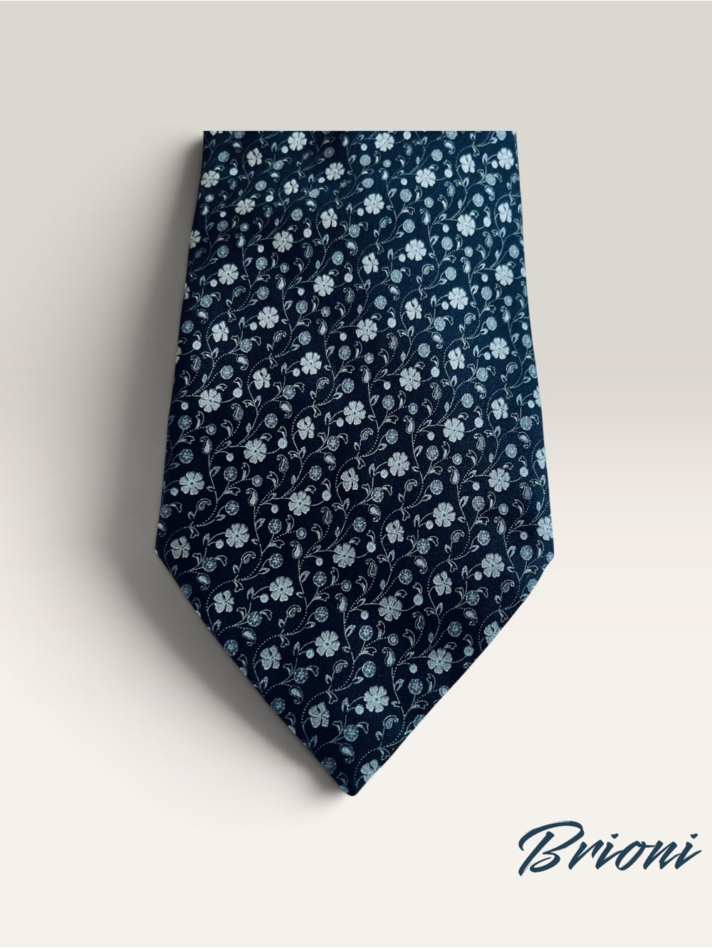 Brioni Hand Made Blue Silk Tie with Floral Motif